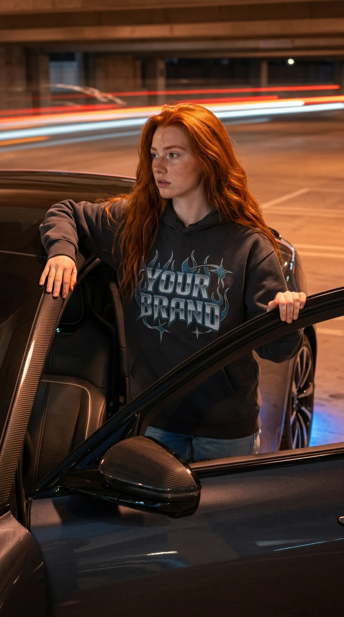 AI digital model in branded scene — photorealistic commercial image