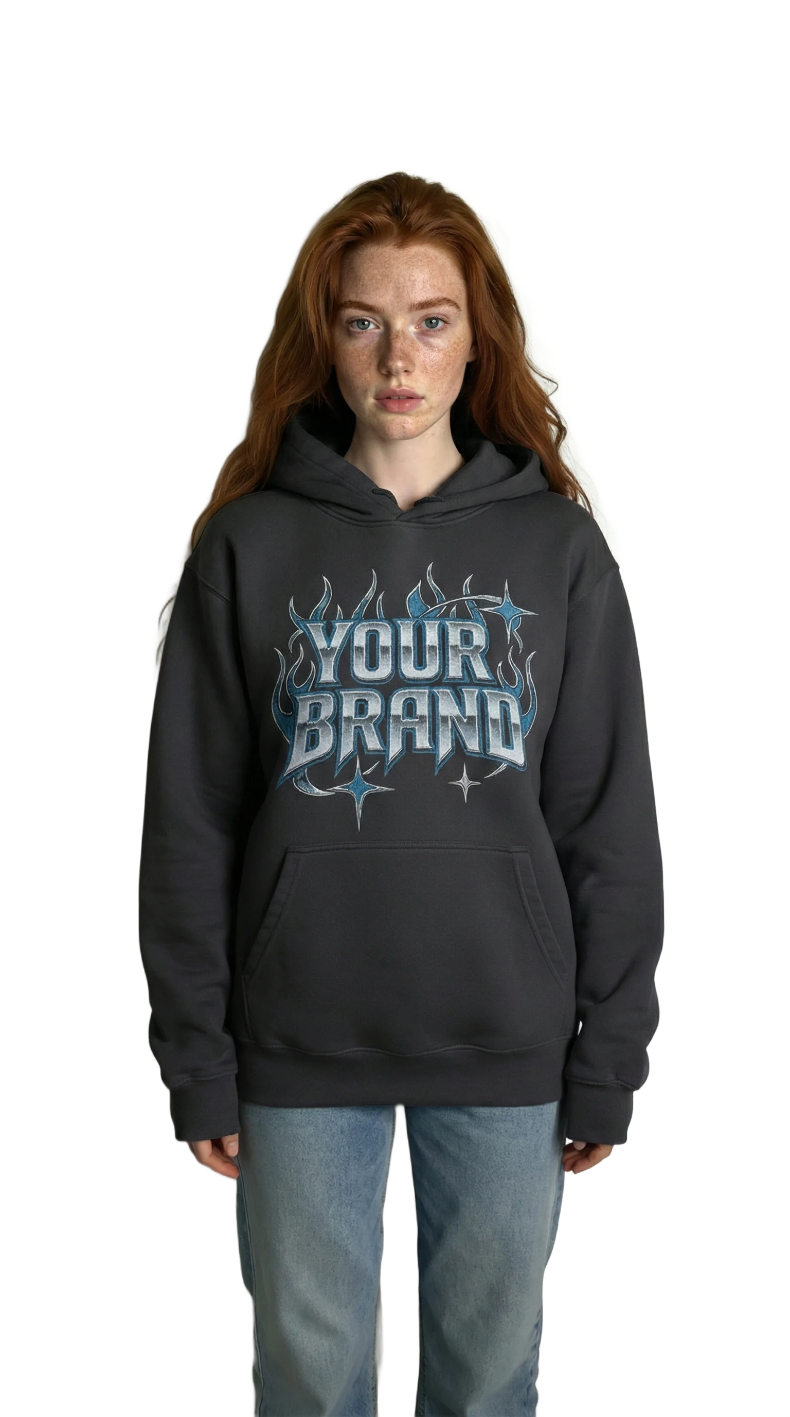 AI model with custom hoodie design — outfit variation 1, your graphic on model