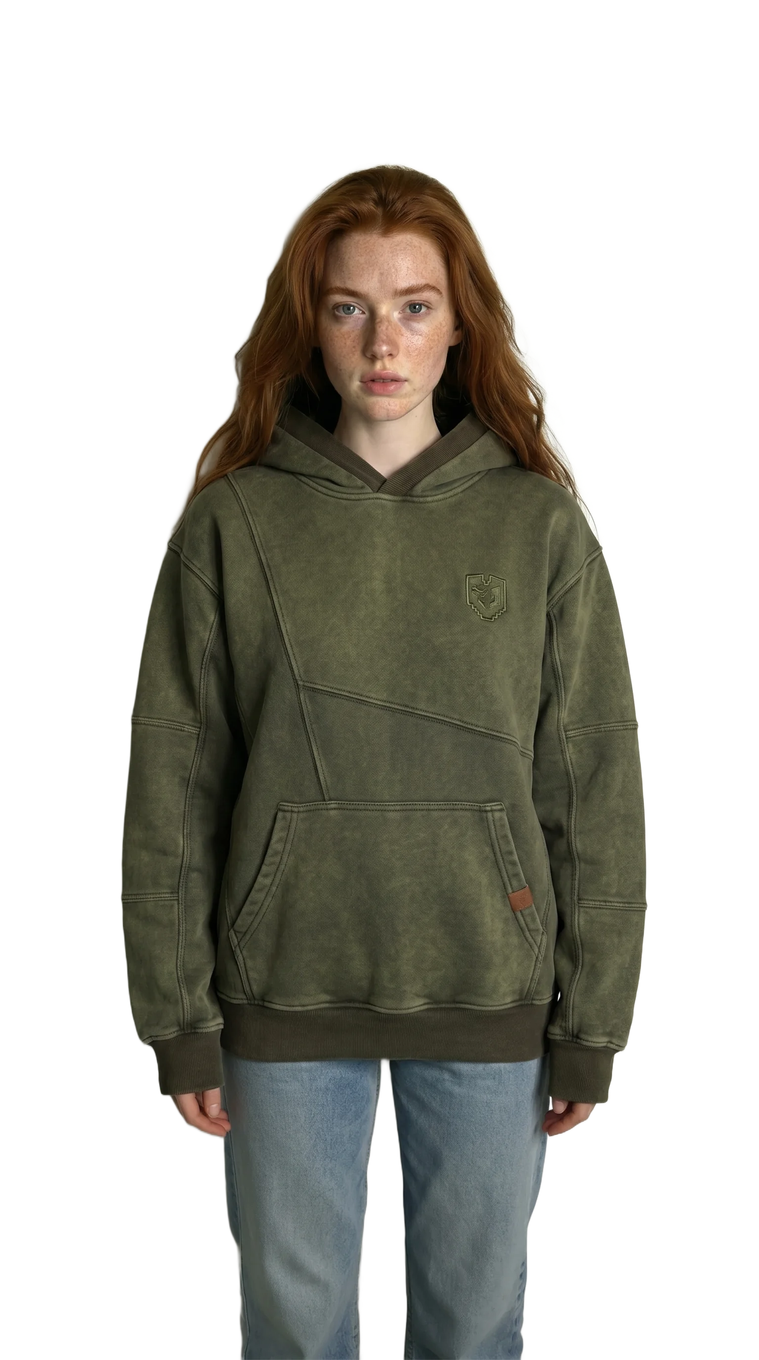 Same AI model — different hoodie design variation 2, realistic fabric texture