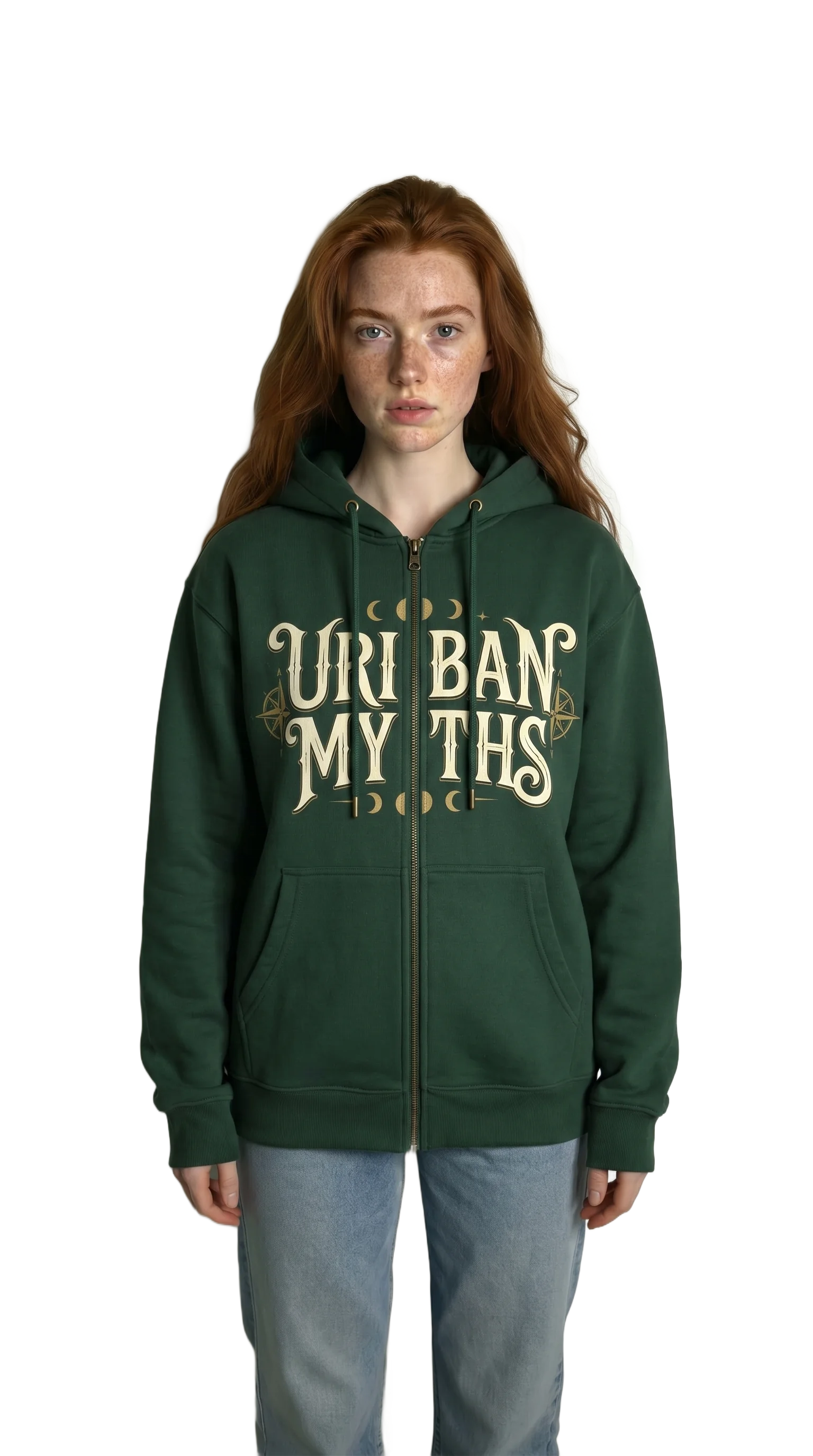 Same AI model — different hoodie design variation 3, print-ready apparel mockup