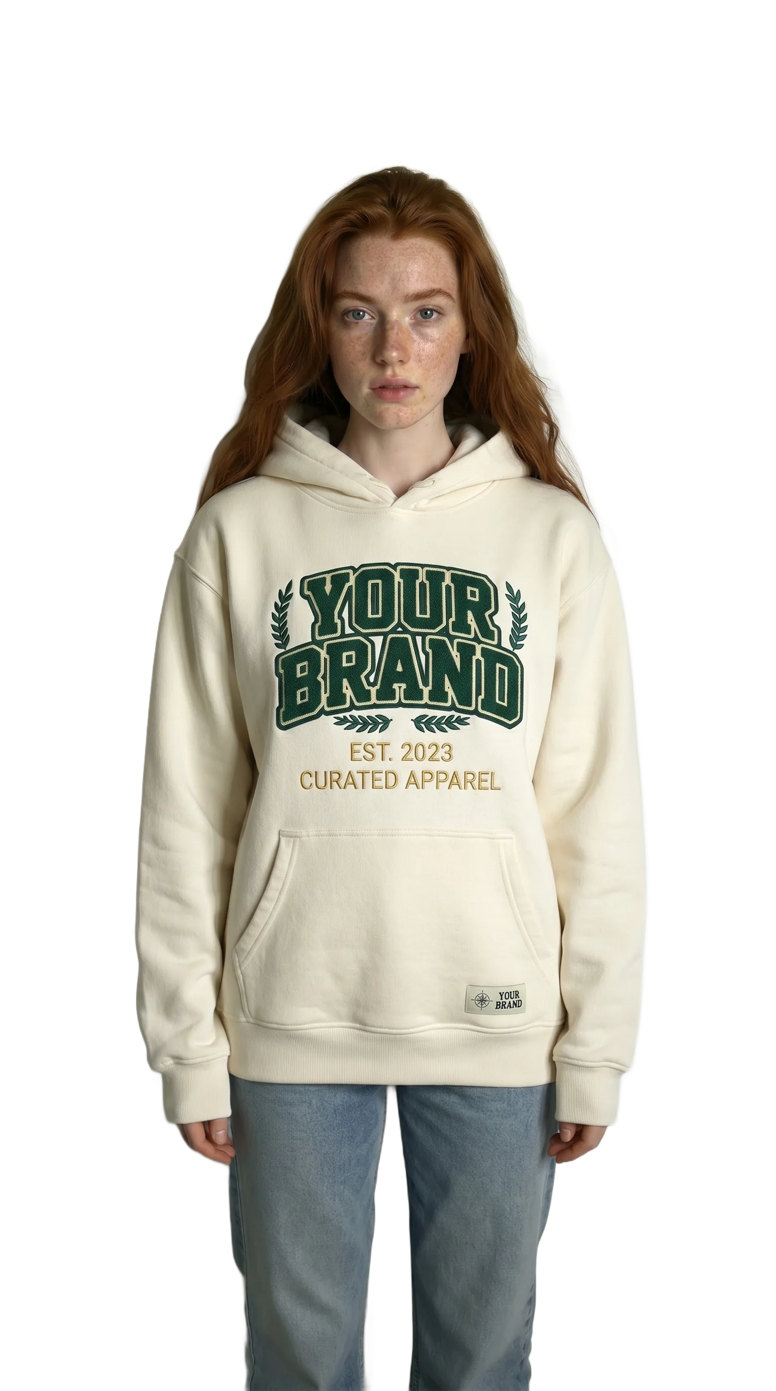 Same AI model — different hoodie design variation 4, accurate perspective