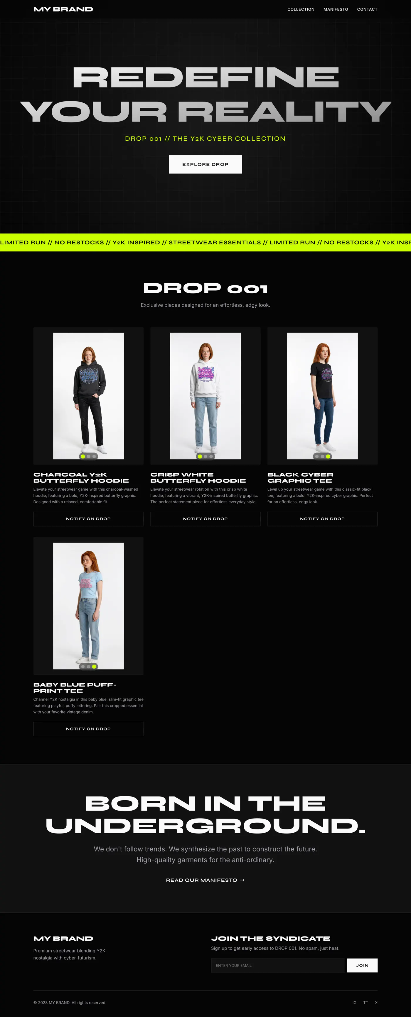 AI-generated e-commerce shop preview — full catalog produced from a single product image by the DIP STUDIO automated pipeline